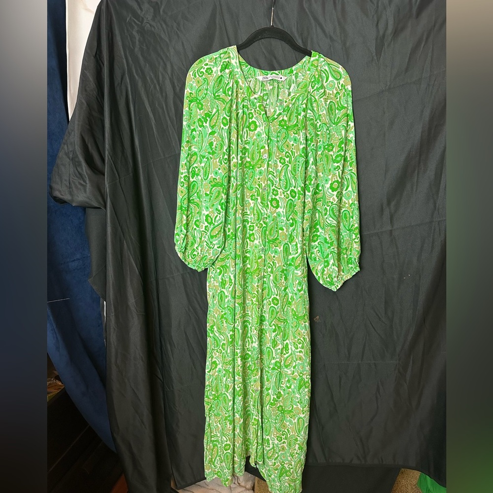 Zara XXL Green Paisley Floral Women's Summer Dress, Light Flowy
